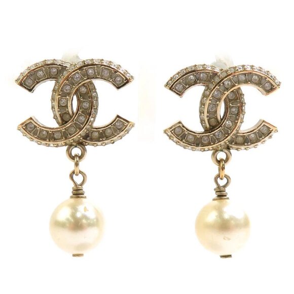 CHANEL CC Logo Pierce Earrings Gold/White Metal/Faux Pearl -